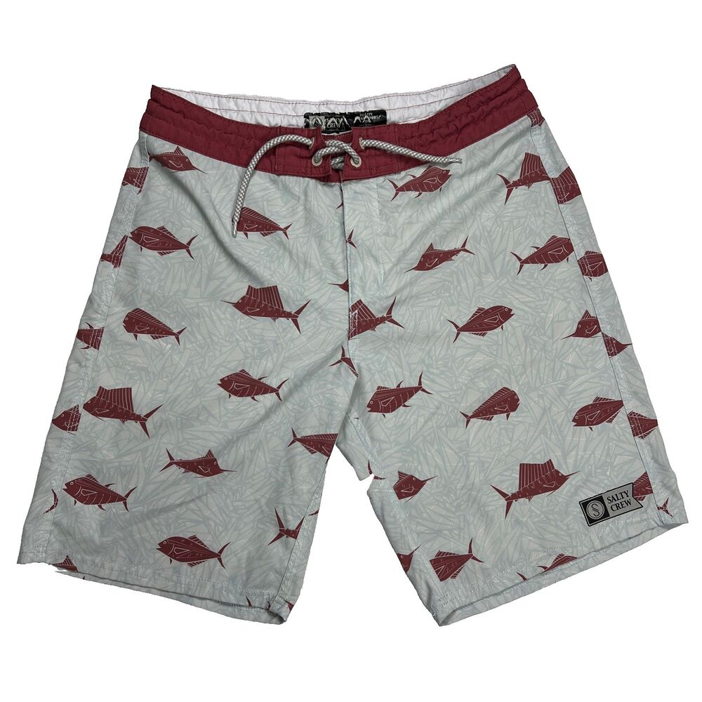 Salty Crew Utility Board Shorts Gray Maroon Fish Swim Size 30 Mens Surf Beach